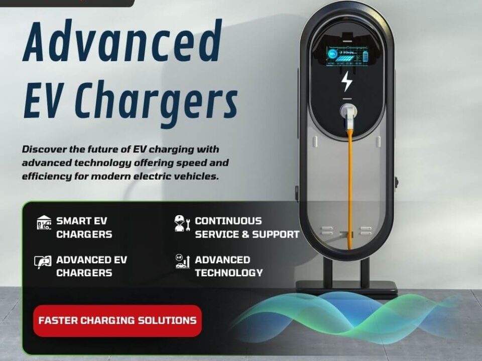 Advanced EV chargers: A modern electric vehicle (EV) charger with advanced technology, featuring a sleek design, a digital display, and a bright charging cable, highlighting the innovation in EV charging solutions.